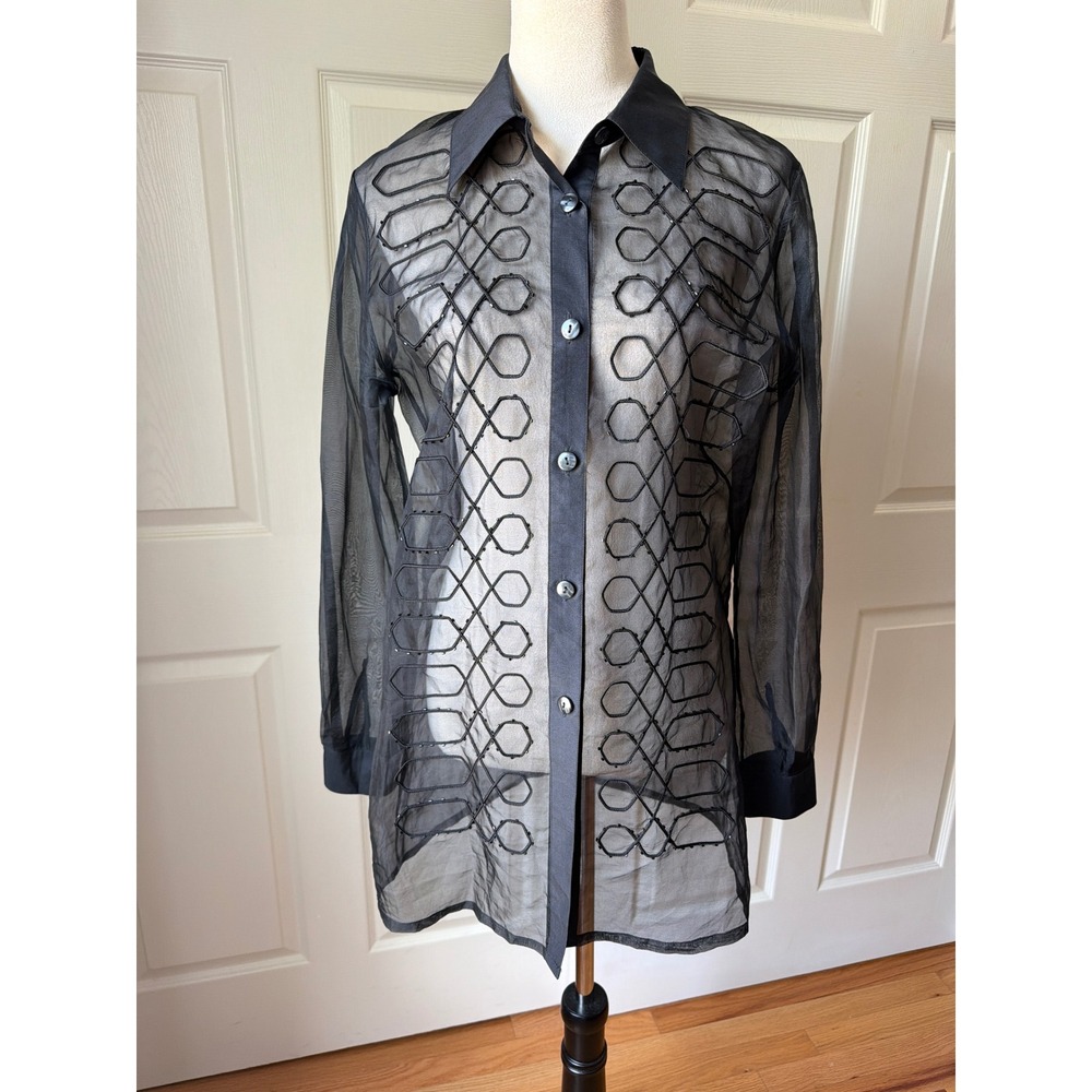 I.S.C. Silk Sheer Button Down Shirt Tunic Minidress Womens S Black Beaded Goth